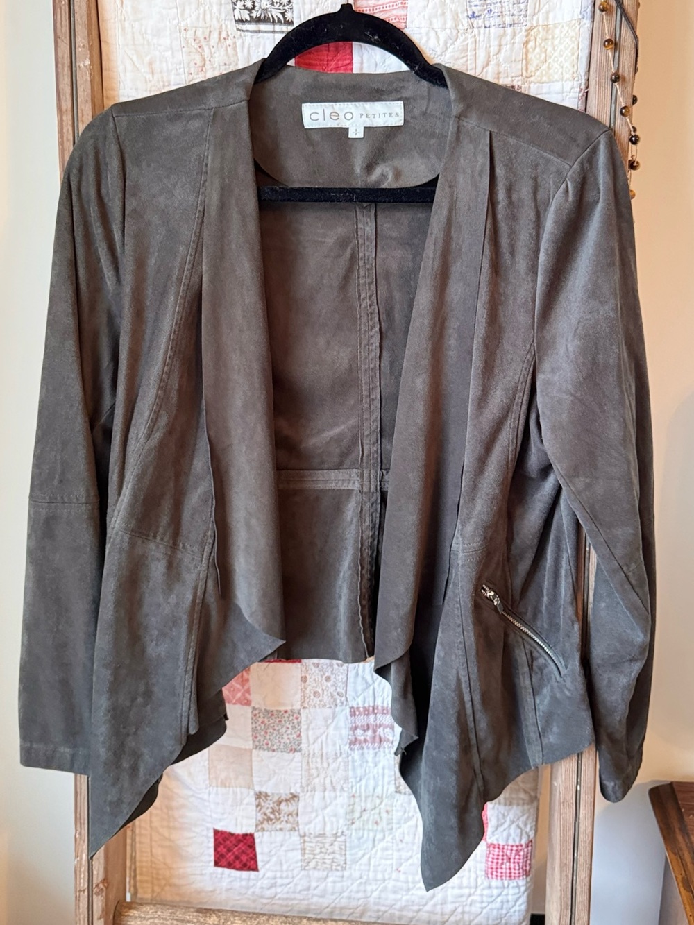 cleo Taupe Faux-Suede Draped Open-Front Jacket